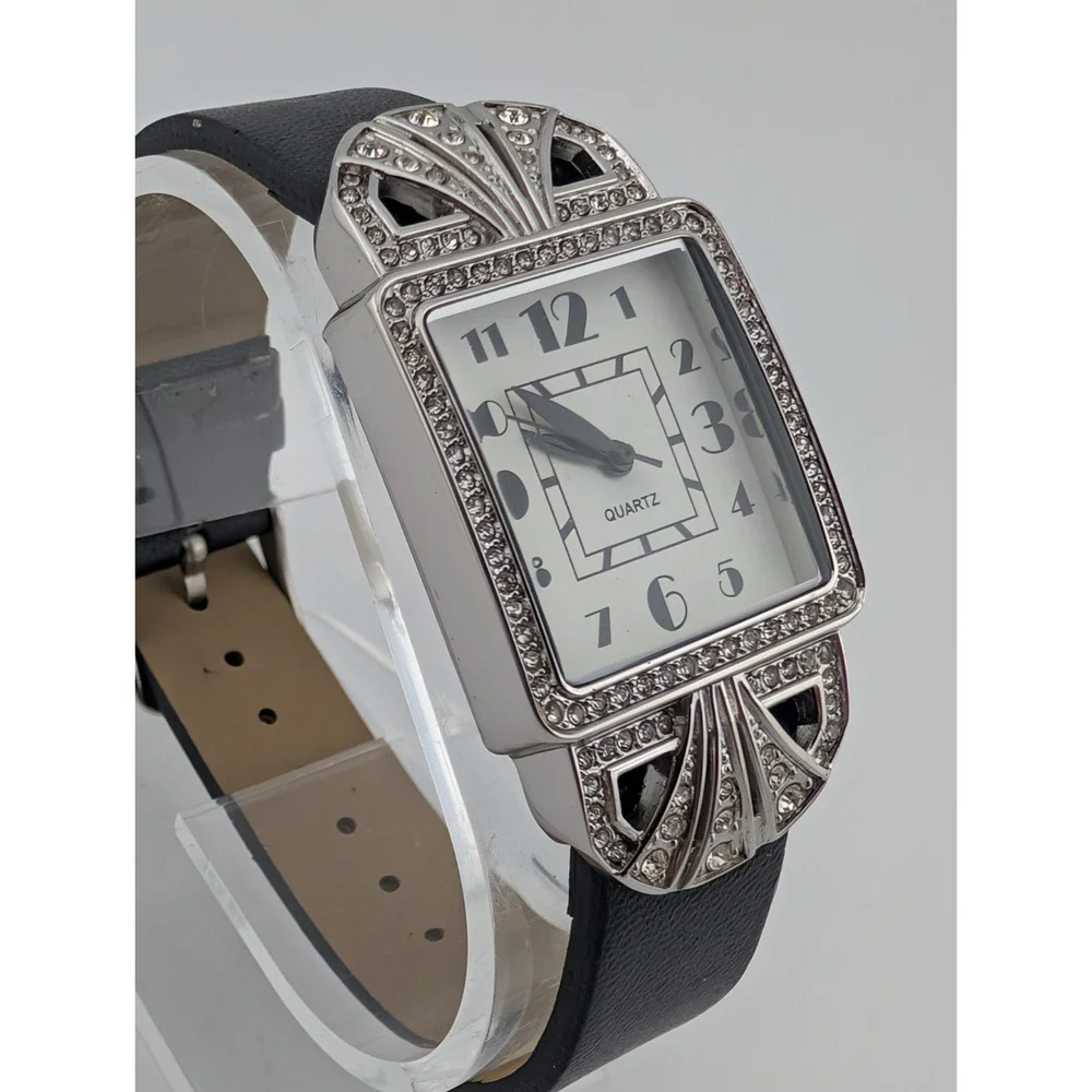 Avon Watch Women 26mm Silver Case Crystals‎ Black Band- New Battery